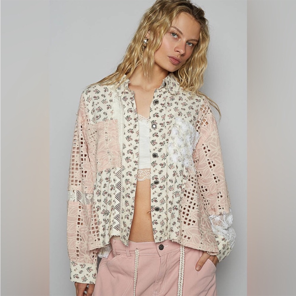 POL Pink Lace Blouse with Floral Patterns